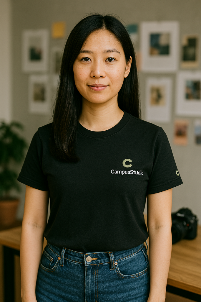 女性成員穿著刺繡 LOGO 黑色制服正面照，呈現品牌視覺風格與設計識別度