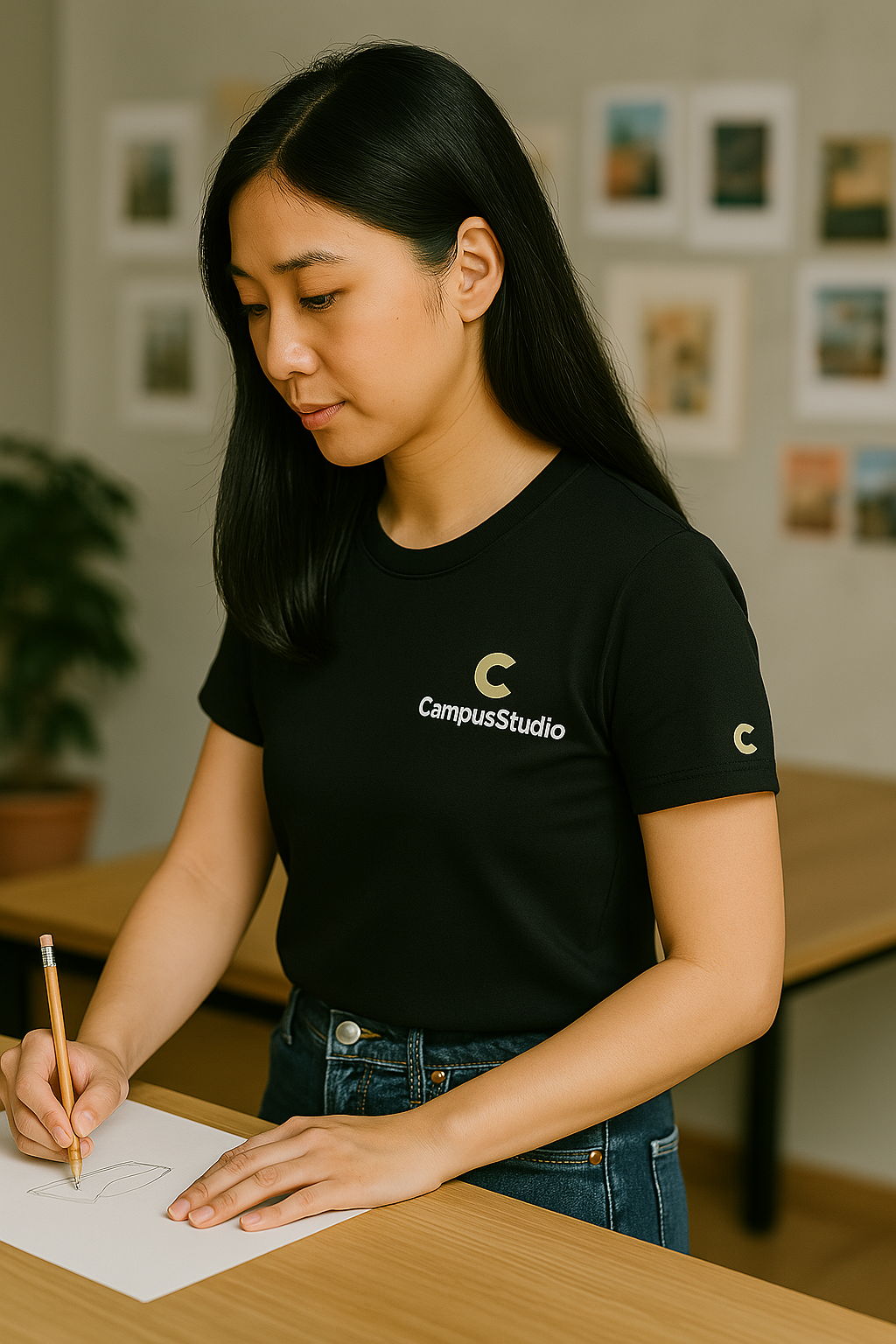 女性工作者身穿 CampusStudio 黑色制服，在創意辦公空間中專注作業，展現專業形象與品牌識別