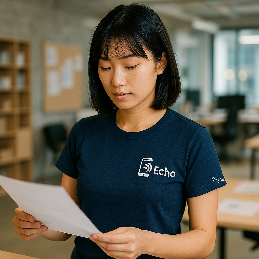 科技團隊制服設計實例，Echo 員工穿著深藍色刺繡制服，在辦公室中專注閱讀文件，呈現舒適與專業兼具的日常工作情境。