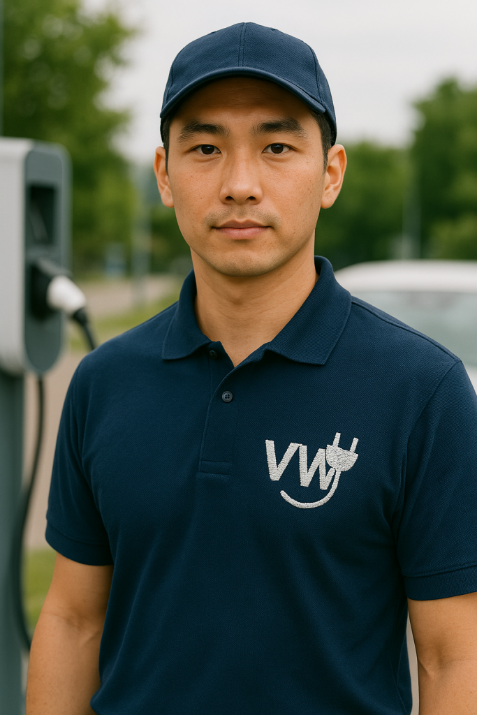 亞洲男性員工身穿深藍色 Polo 衫，胸前刺繡 VW 電動車插頭標誌，展示公司制服設計流程中完成的成品，背景為戶外充電站。