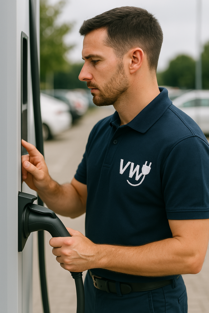 VW 員工穿著深藍色 Polo 制服，正在電動車充電站操作設備，示範公司制服設計流程中實地應用的專業工作服。