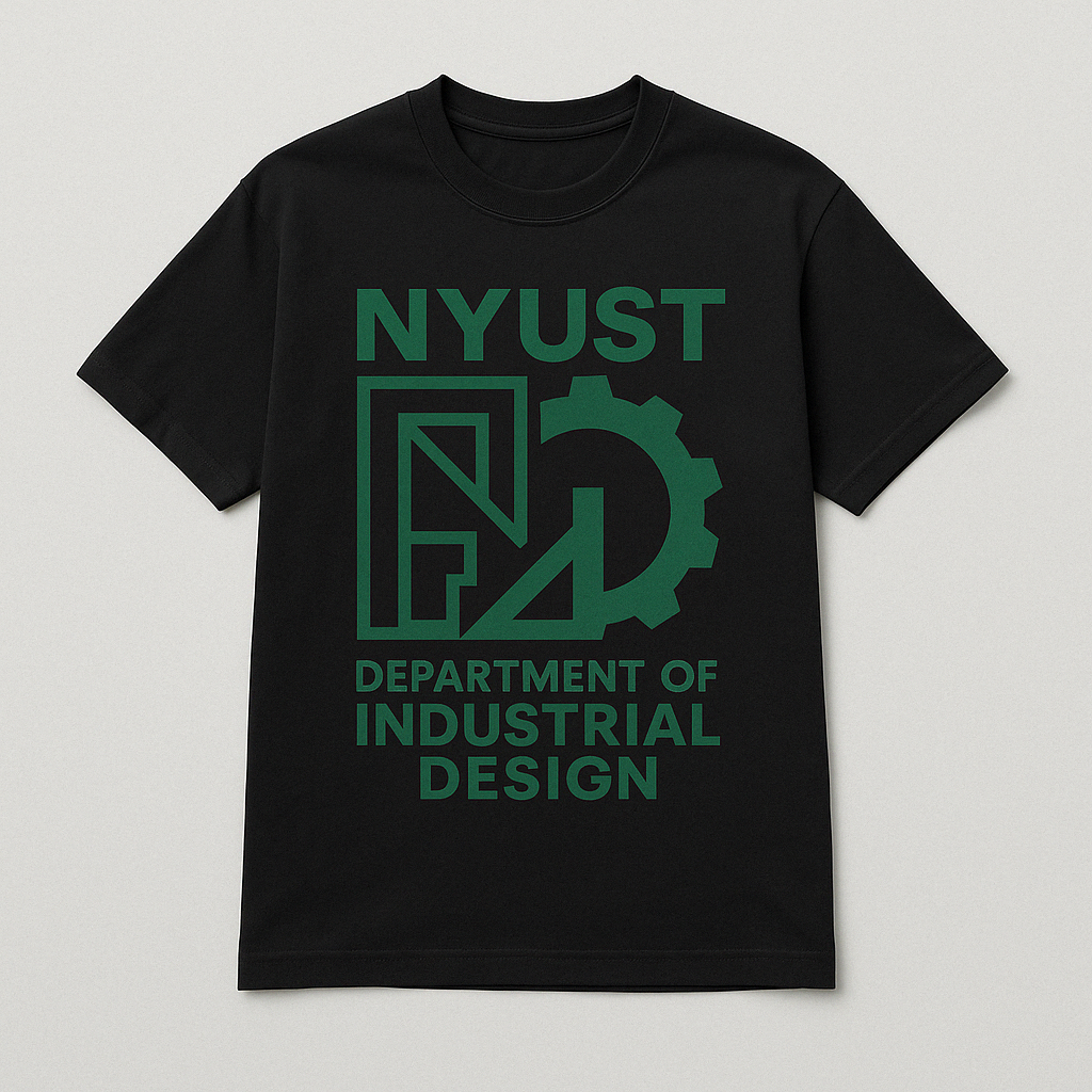 工業設計系專屬 Logo，採用 NYUST 字樣結合齒輪與箭頭圖像，展現結構性與創新感的設計理念，搭配綠色主色，象徵環保與現代工業精神。