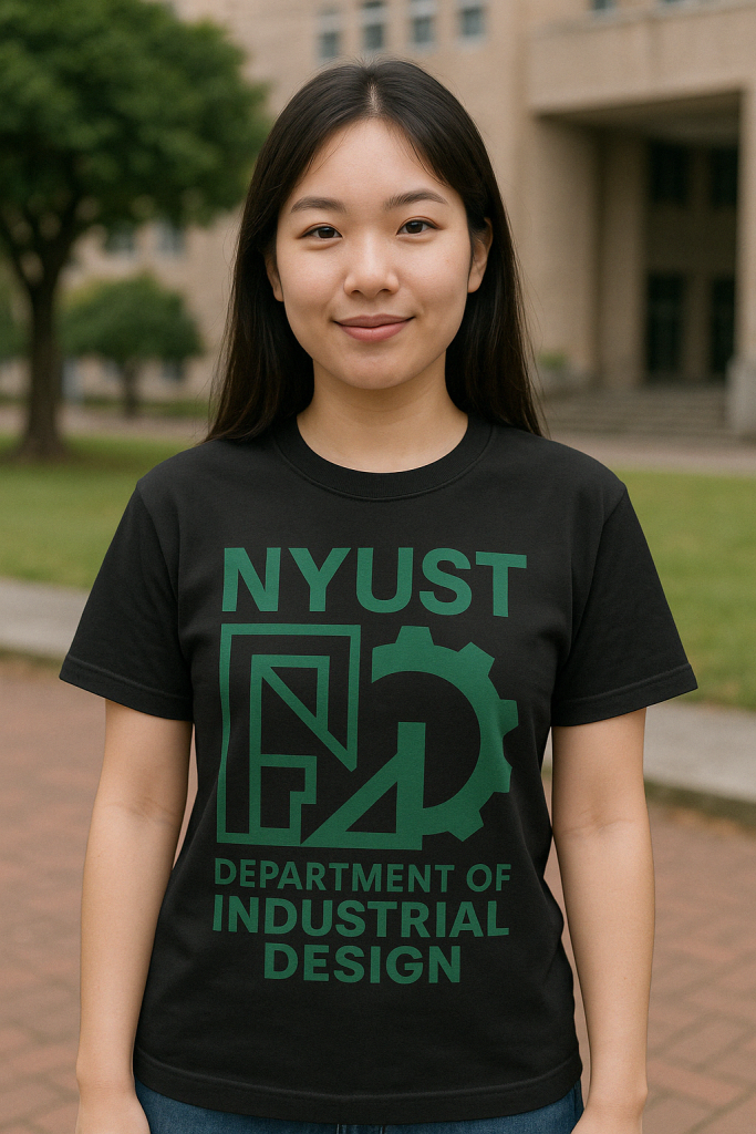 台灣大學生穿著印有 工業設計系綠色 Logo 的黑色短袖系服，拍攝於校園環境中，展現系服簡約科技風格與實穿性。