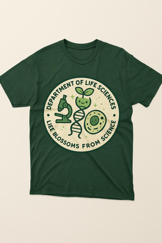 綠色生命科學系系服平鋪展示，圓形徽章圖樣包含顯微鏡、DNA螺旋與細胞，主題為Life Blossoms from Science