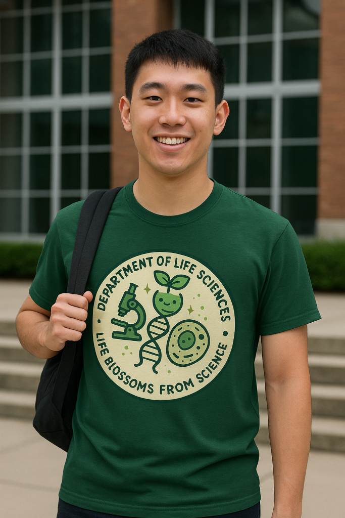 大學生穿著生命科學系系服，綠色T-shirt印有DNA與細胞圖案，展現團體服設計成果